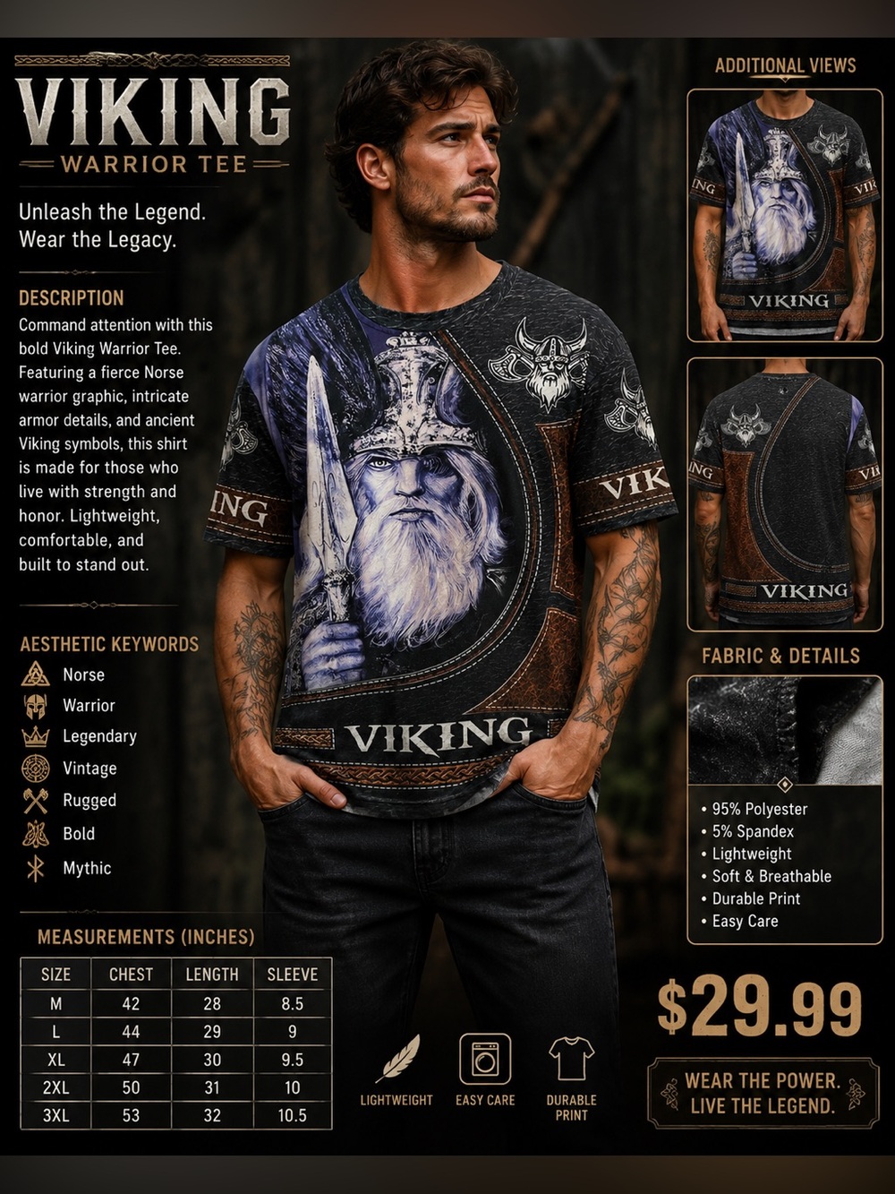 Viking Warrior Tee Short Sleeve Shirt - Black/Blue